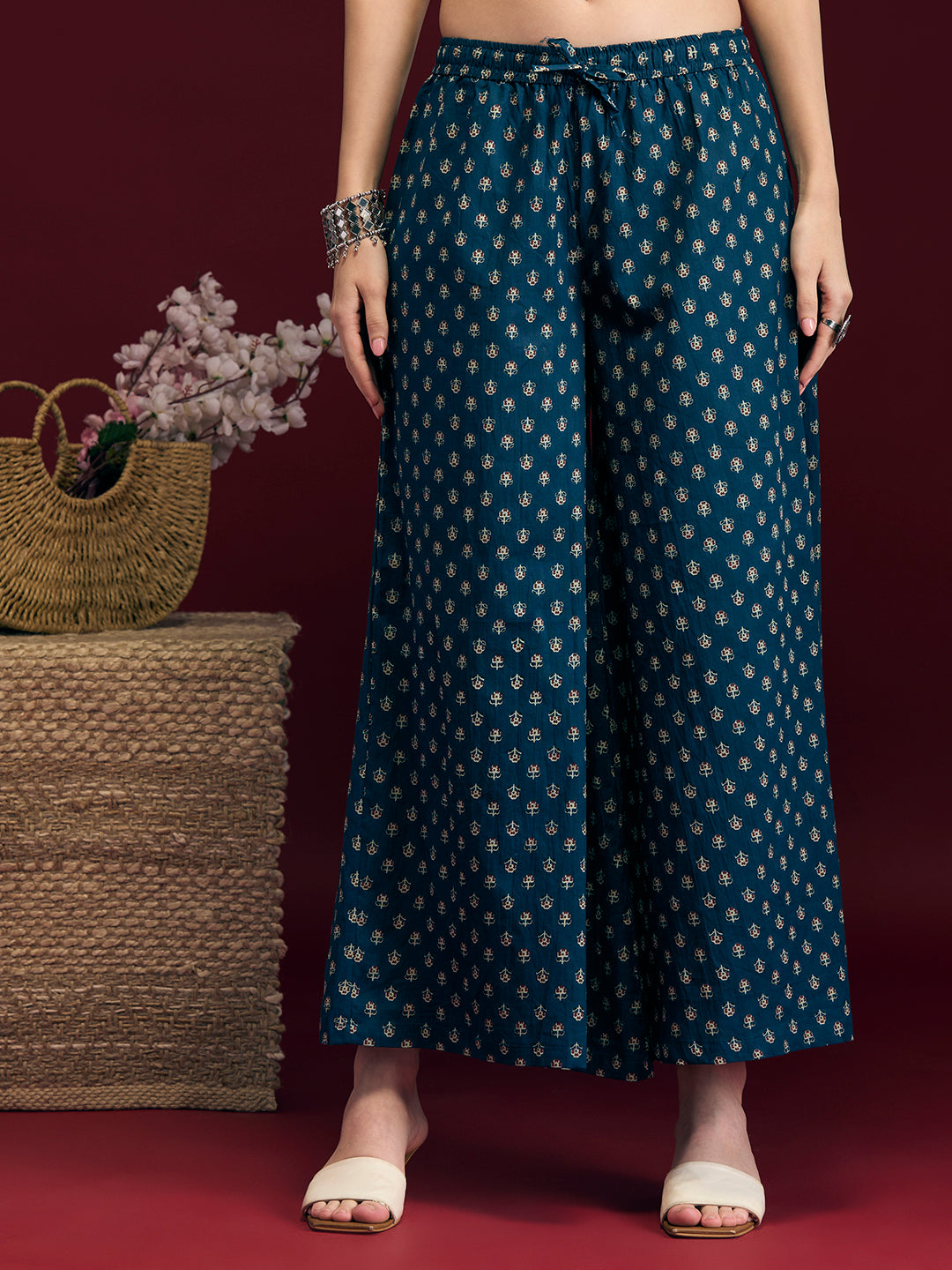 Floral Printed Anarkali Kurta with Pant & Dupatta - Navy Blue
