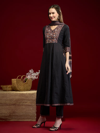 Solid Floral Embroidered Anarkali with Pant & Dupatta - Black
