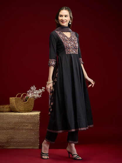 Solid Floral Embroidered Anarkali with Pant & Dupatta - Black