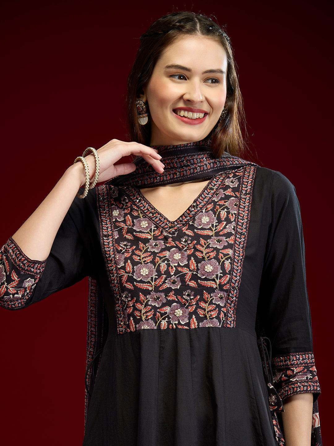 Solid Floral Embroidered Anarkali with Pant & Dupatta - Black