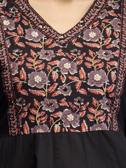 Solid Floral Embroidered Anarkali with Pant & Dupatta - Black