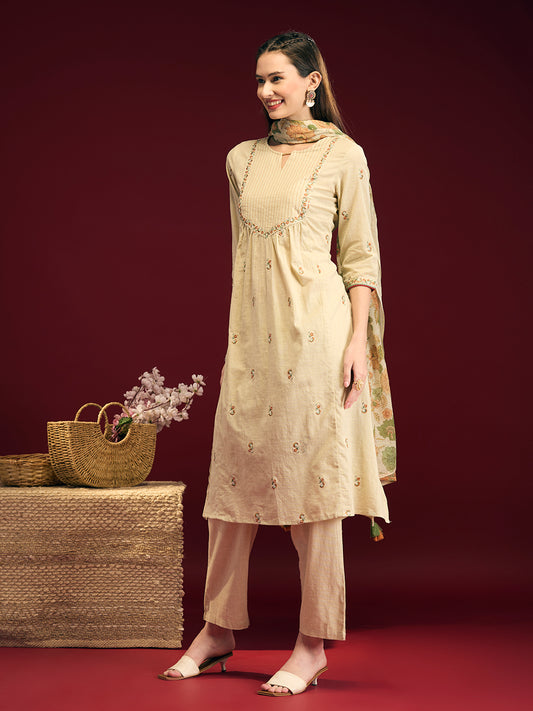 Solid Floral Embroidered A-Line Pleated Kurta with Pant & Printed Dupatta - Cream