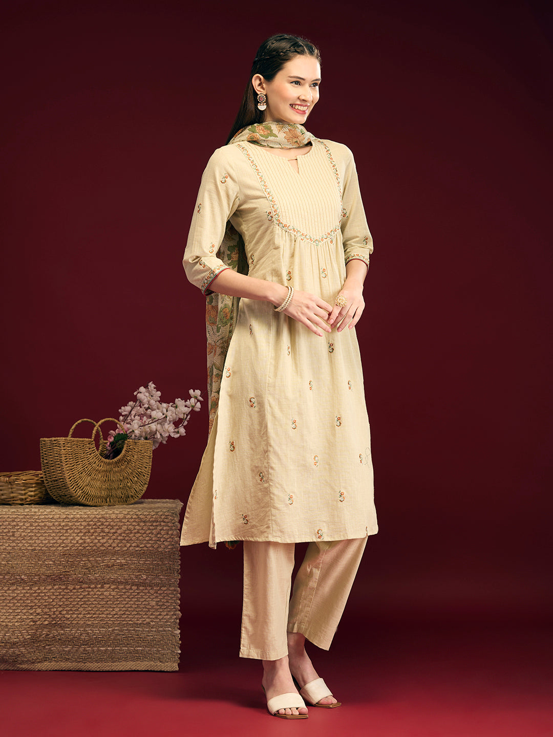 Solid Floral Embroidered A-Line Pleated Kurta with Pant & Printed Dupatta - Cream