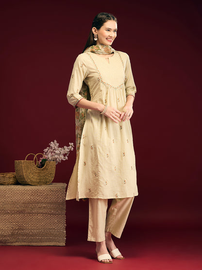 Solid Floral Embroidered A-Line Pleated Kurta with Pant & Printed Dupatta - Cream