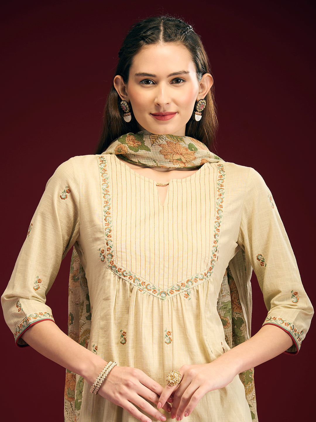 Solid Floral Embroidered A-Line Pleated Kurta with Pant & Printed Dupatta - Cream