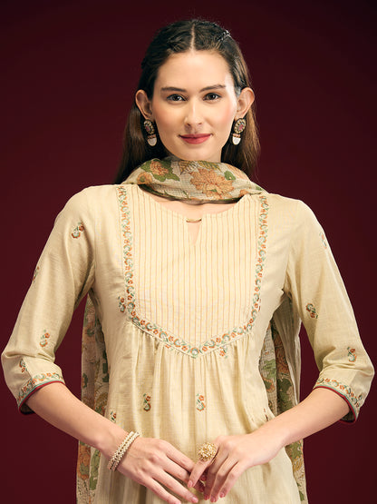 Solid Floral Embroidered A-Line Pleated Kurta with Pant & Printed Dupatta - Cream
