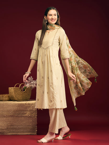 Solid Floral Embroidered A-Line Pleated Kurta with Pant & Printed Dupatta - Cream
