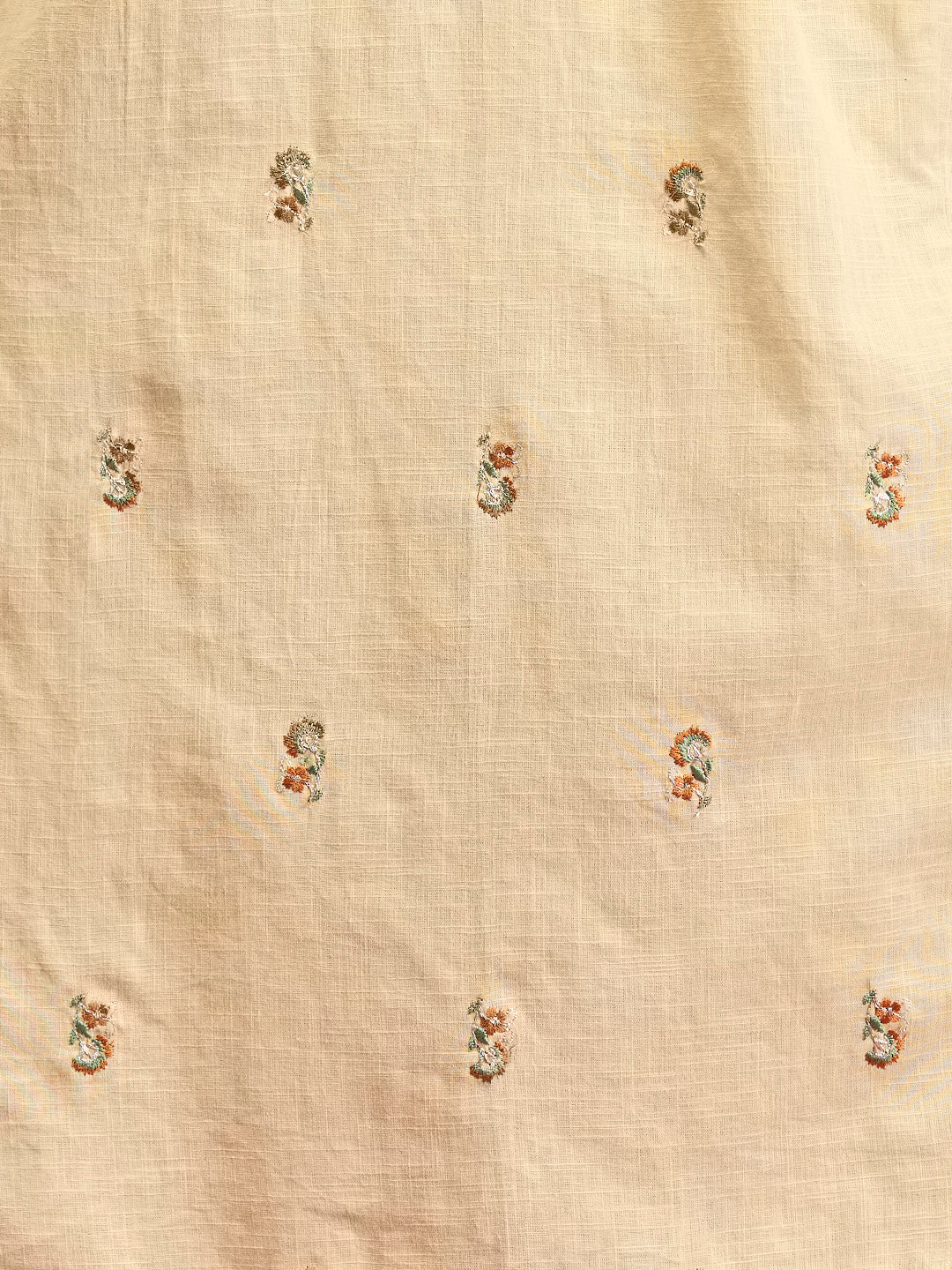 Solid Floral Embroidered A-Line Pleated Kurta with Pant & Printed Dupatta - Cream
