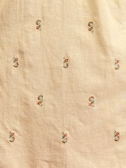 Solid Floral Embroidered A-Line Pleated Kurta with Pant & Printed Dupatta - Cream