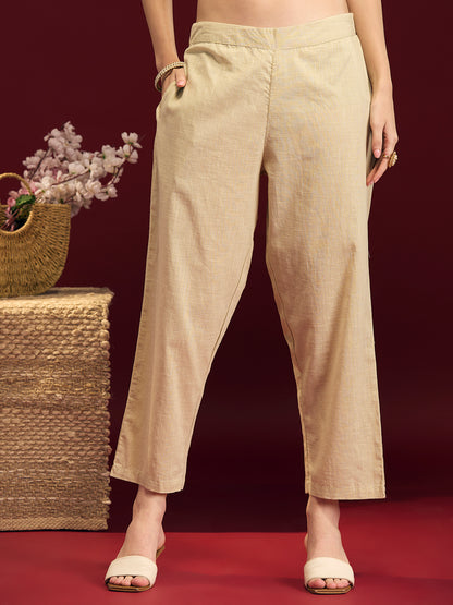 Solid Floral Embroidered A-Line Pleated Kurta with Pant & Printed Dupatta - Cream