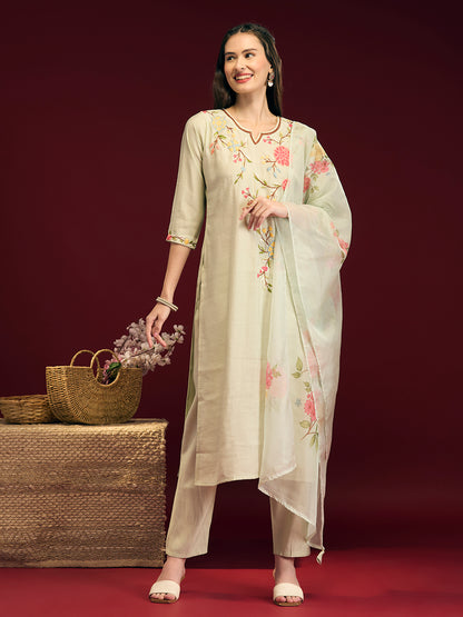 Solid Floral Hand Embroidered Straight Fit Kurta with Pant & Dupatta - Light Green