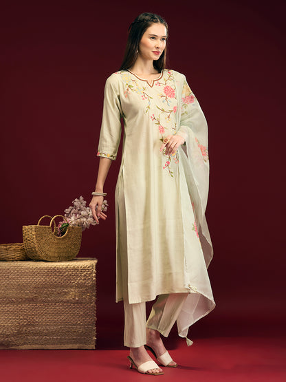 Solid Floral Hand Embroidered Straight Fit Kurta with Pant & Dupatta - Light Green