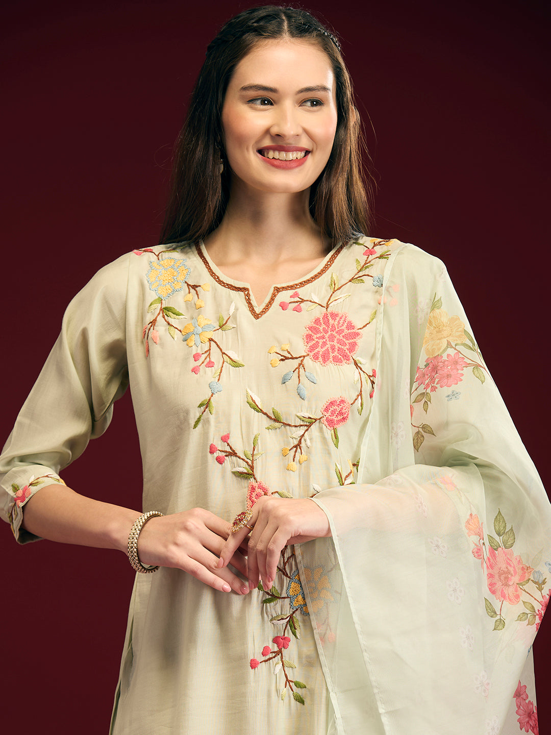 Solid Floral Hand Embroidered Straight Fit Kurta with Pant & Dupatta - Light Green