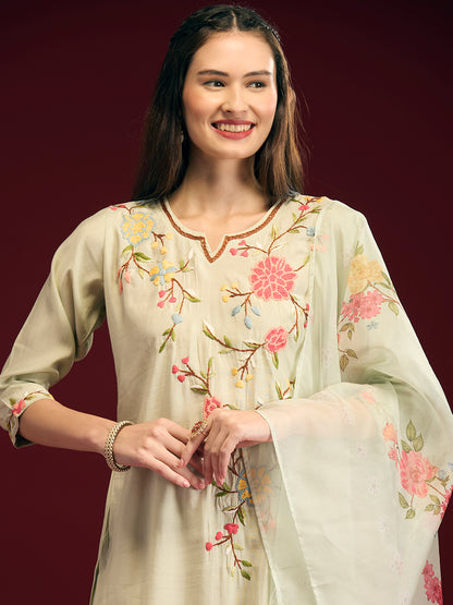 Solid Floral Hand Embroidered Straight Fit Kurta with Pant & Dupatta - Light Green