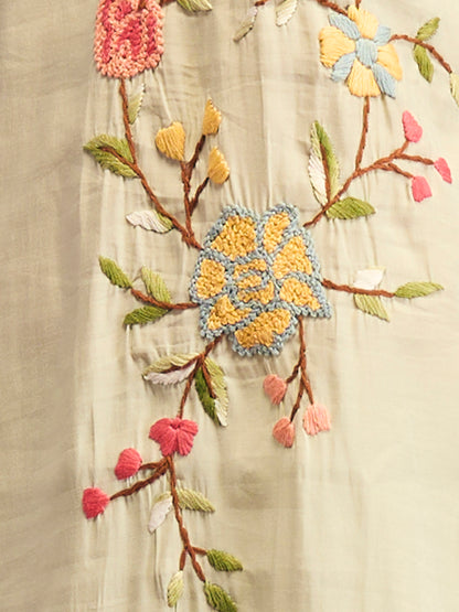 Solid Floral Hand Embroidered Straight Fit Kurta with Pant & Dupatta - Light Green
