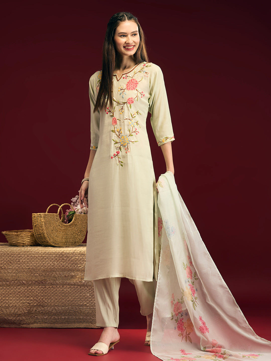 Solid Floral Hand Embroidered Straight Fit Kurta with Pant & Dupatta - Light Green