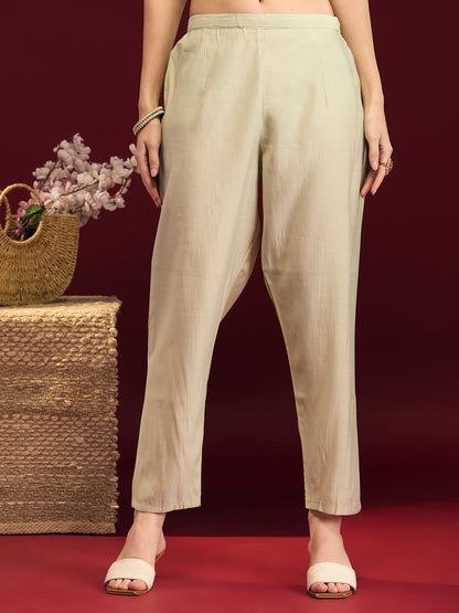 Solid Floral Hand Embroidered Straight Fit Kurta with Pant & Dupatta - Light Green