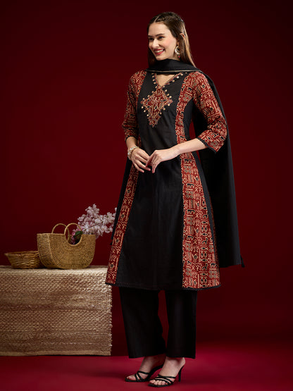 Ethnic Printed Embroidered Anarkali with Pant & Dupatta - Black