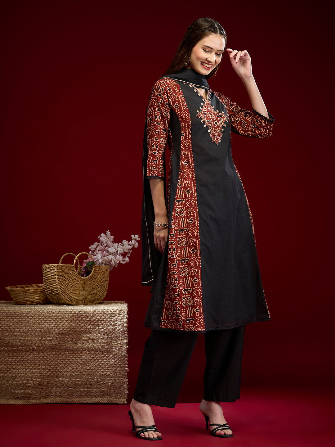 Ethnic Printed Embroidered Anarkali with Pant & Dupatta - Black