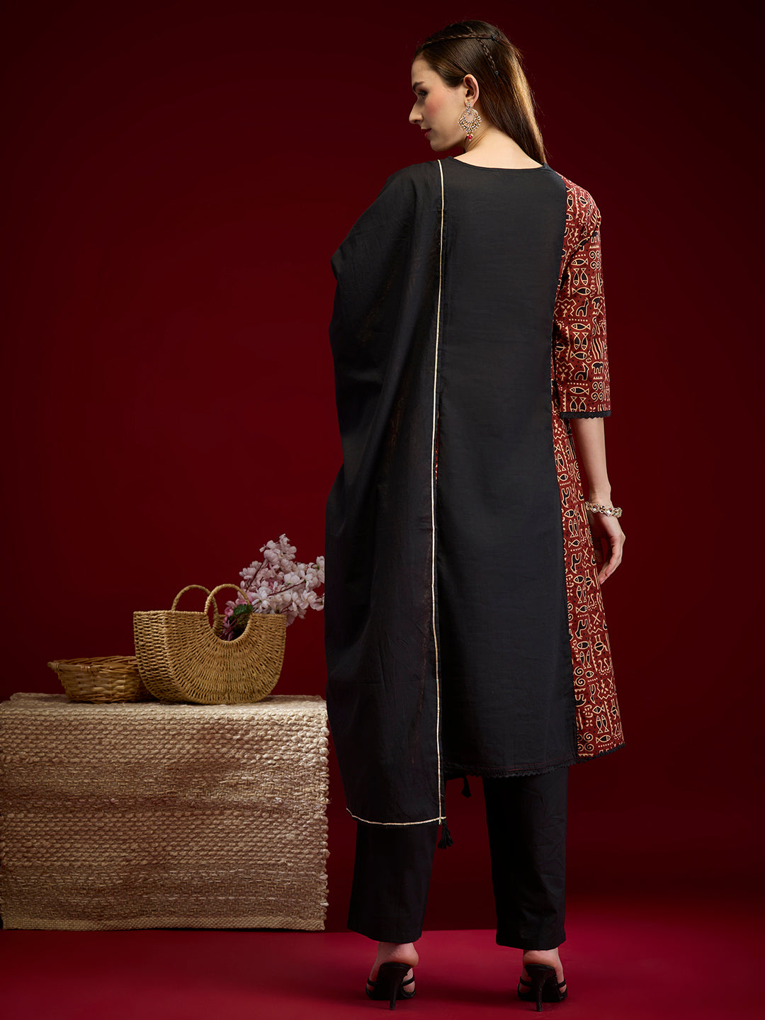 Ethnic Printed Embroidered Anarkali with Pant & Dupatta - Black