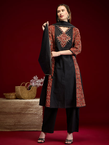 Ethnic Printed Embroidered Anarkali with Pant & Dupatta - Black