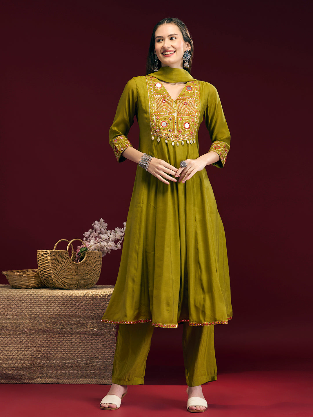 Solid Mirror Embroidered Anarkali with Pant & Dupatta - Lime Green