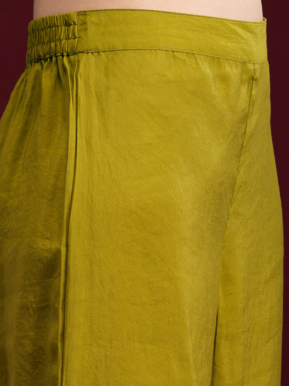 Solid Mirror Embroidered Anarkali with Pant & Dupatta - Lime Green