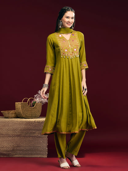 Solid Mirror Embroidered Anarkali with Pant & Dupatta - Lime Green
