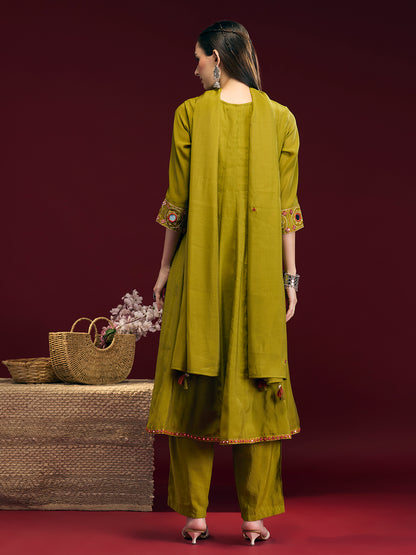Solid Mirror Embroidered Anarkali with Pant & Dupatta - Lime Green