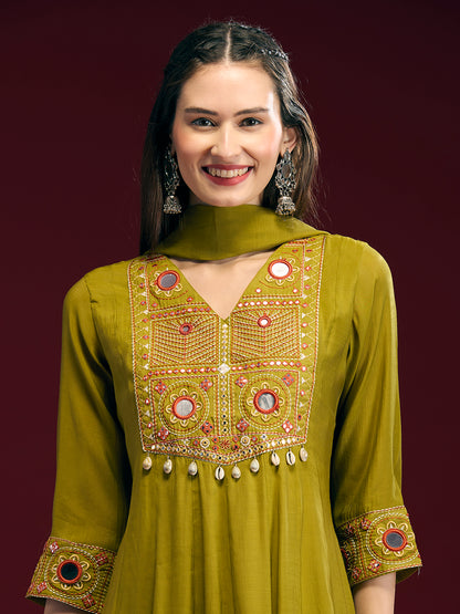 Solid Mirror Embroidered Anarkali with Pant & Dupatta - Lime Green