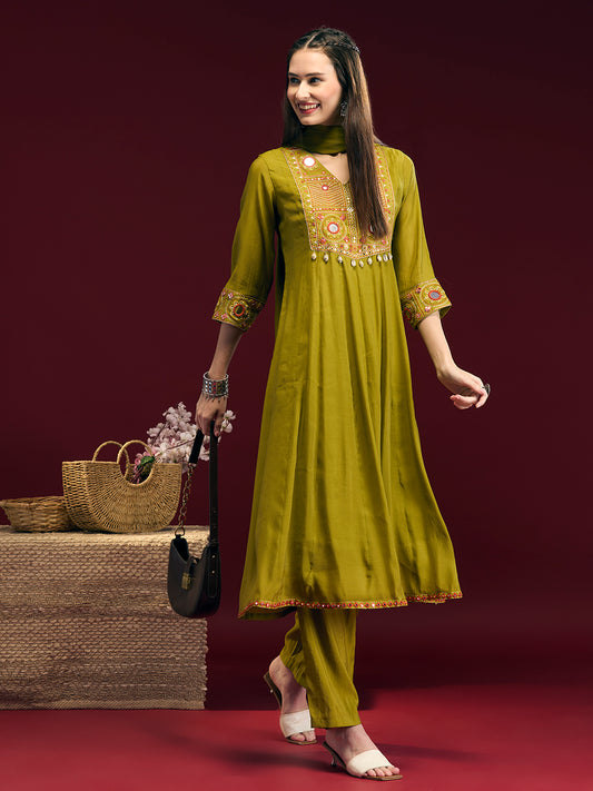 Solid Mirror Embroidered Anarkali with Pant & Dupatta - Lime Green