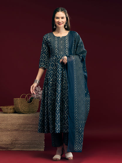 Ethnic Floral Printed Embroidered Anarkali Kurta with Pant & Dupatta - Navy Blue