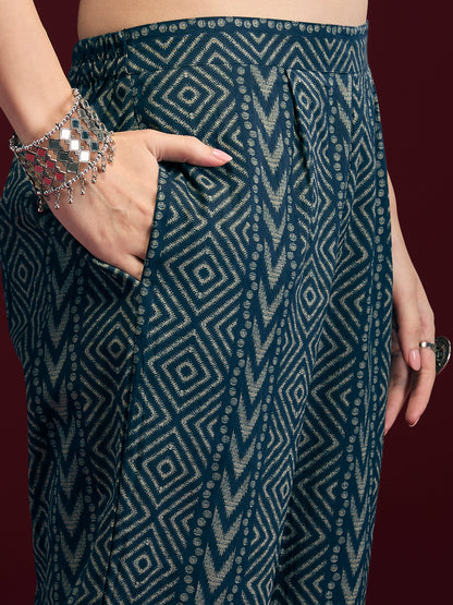 Ethnic Floral Printed Embroidered Anarkali Kurta with Pant & Dupatta - Navy Blue
