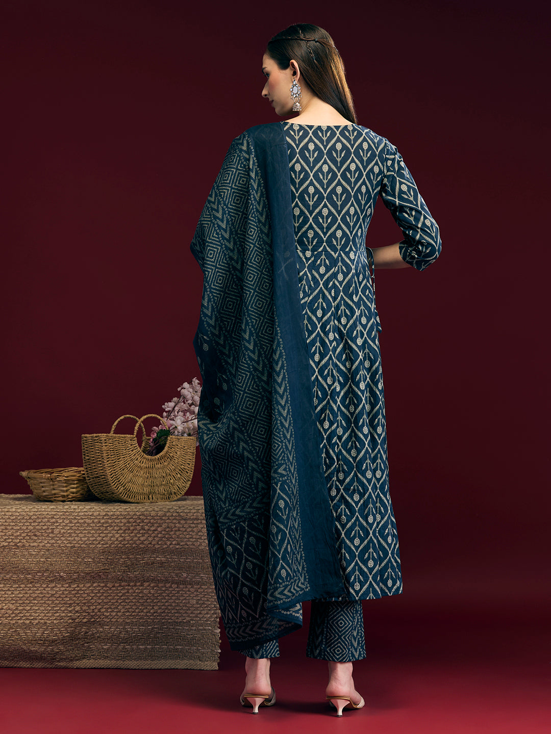 Ethnic Floral Printed Embroidered Anarkali Kurta with Pant & Dupatta - Navy Blue