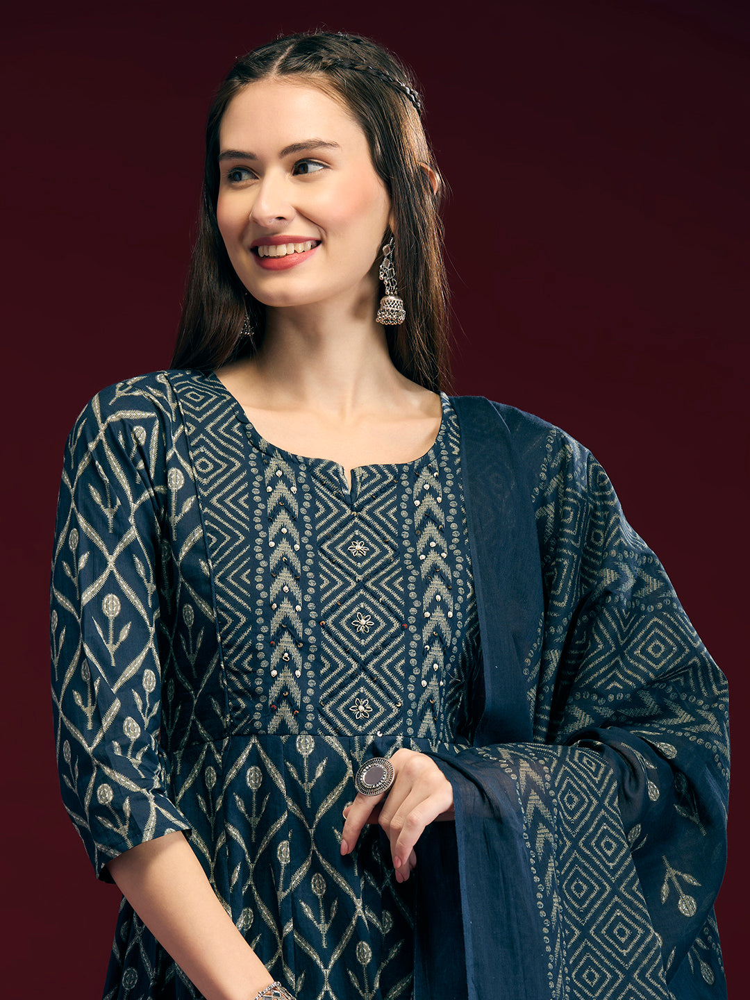 Ethnic Floral Printed Embroidered Anarkali Kurta with Pant & Dupatta - Navy Blue