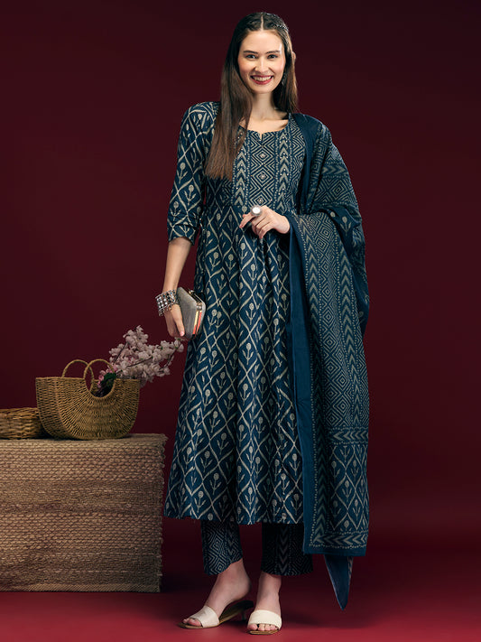 Ethnic Floral Printed Embroidered Anarkali Kurta with Pant & Dupatta - Navy Blue