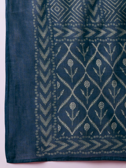 Ethnic Floral Printed Embroidered Anarkali Kurta with Pant & Dupatta - Navy Blue