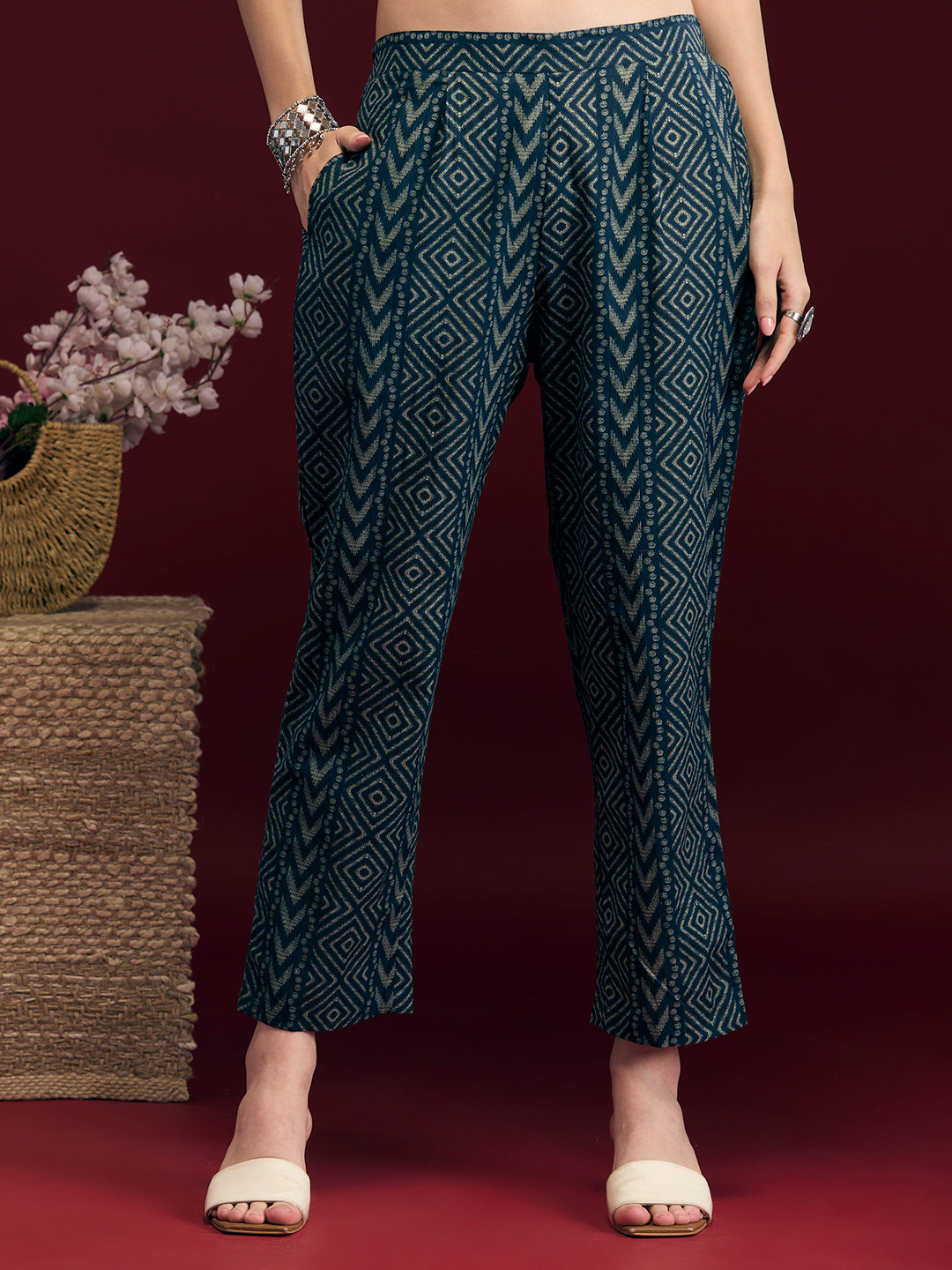 Ethnic Floral Printed Embroidered Anarkali Kurta with Pant & Dupatta - Navy Blue