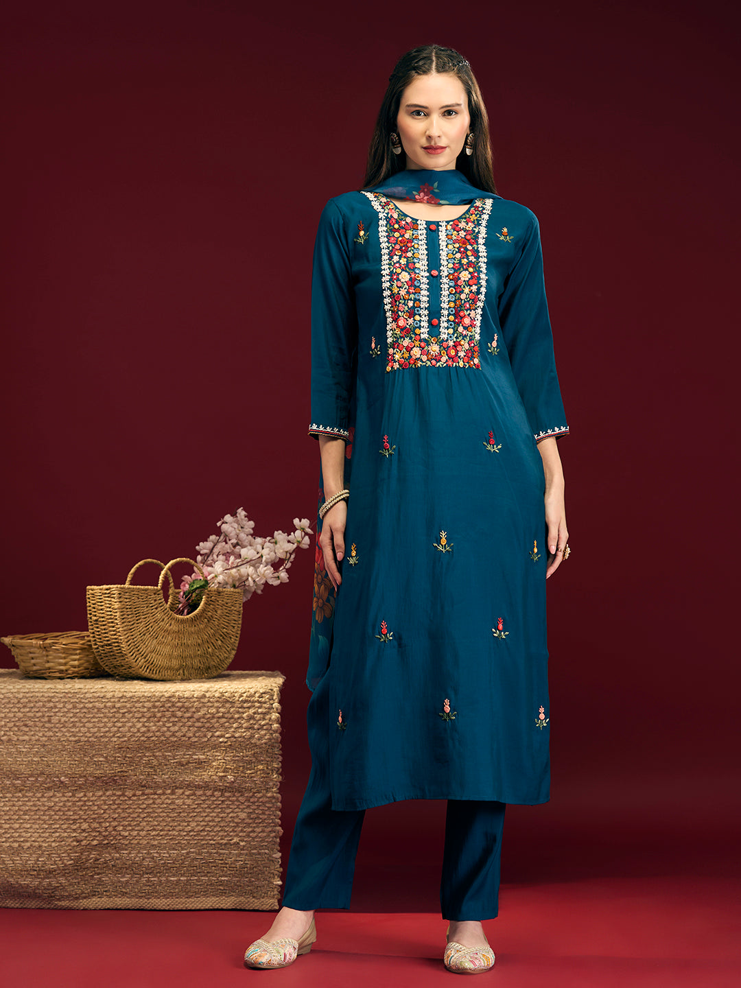 Solid Floral Hand Embroidered Straight Fit Kurta with Pant & Dupatta - Blue