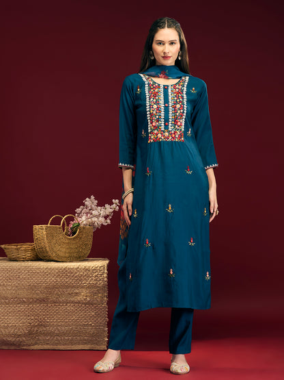Solid Floral Hand Embroidered Straight Fit Kurta with Pant & Dupatta - Blue