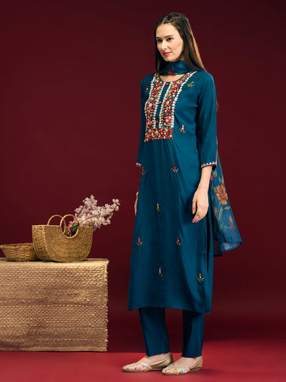 Solid Floral Hand Embroidered Straight Fit Kurta with Pant & Dupatta - Blue