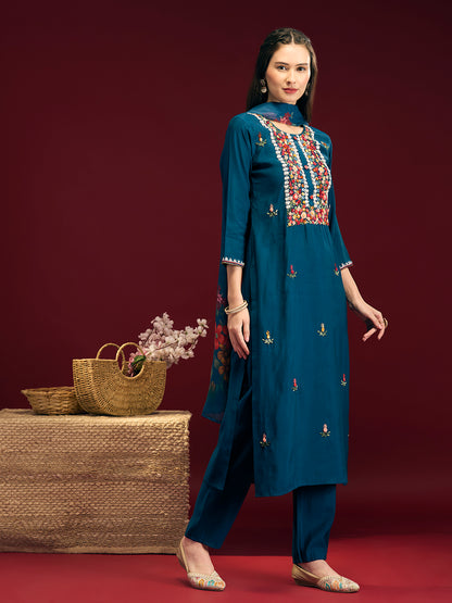 Solid Floral Hand Embroidered Straight Fit Kurta with Pant & Dupatta - Blue