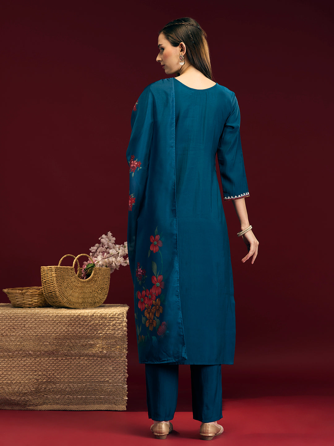 Solid Floral Hand Embroidered Straight Fit Kurta with Pant & Dupatta - Blue