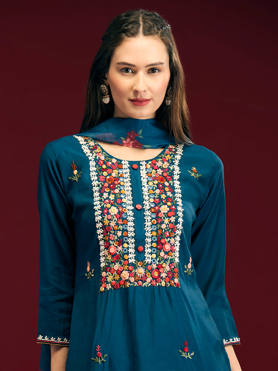 Solid Floral Hand Embroidered Straight Fit Kurta with Pant & Dupatta - Blue