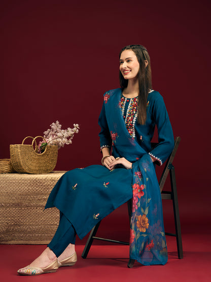 Solid Floral Hand Embroidered Straight Fit Kurta with Pant & Dupatta - Blue