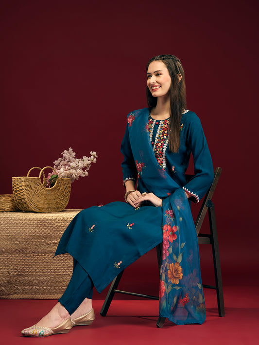 Solid Floral Hand Embroidered Straight Fit Kurta with Pant & Dupatta - Blue