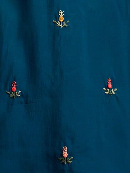 Solid Floral Hand Embroidered Straight Fit Kurta with Pant & Dupatta - Blue