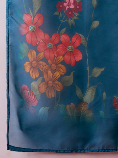 Solid Floral Hand Embroidered Straight Fit Kurta with Pant & Dupatta - Blue