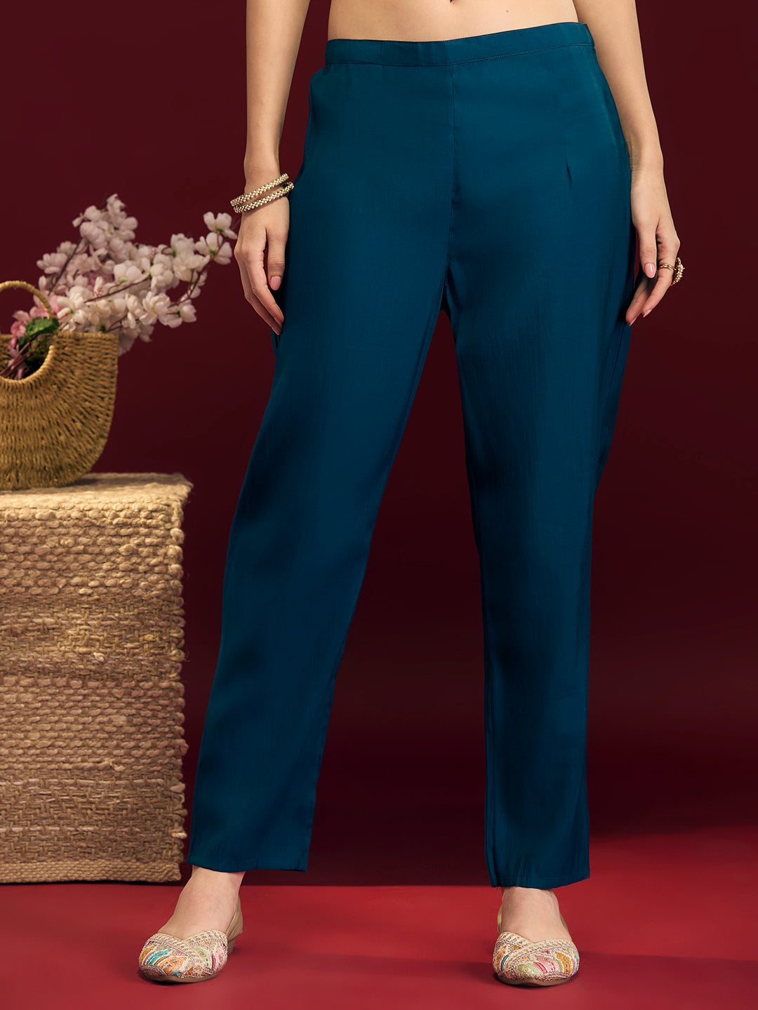 Solid Floral Hand Embroidered Straight Fit Kurta with Pant & Dupatta - Blue