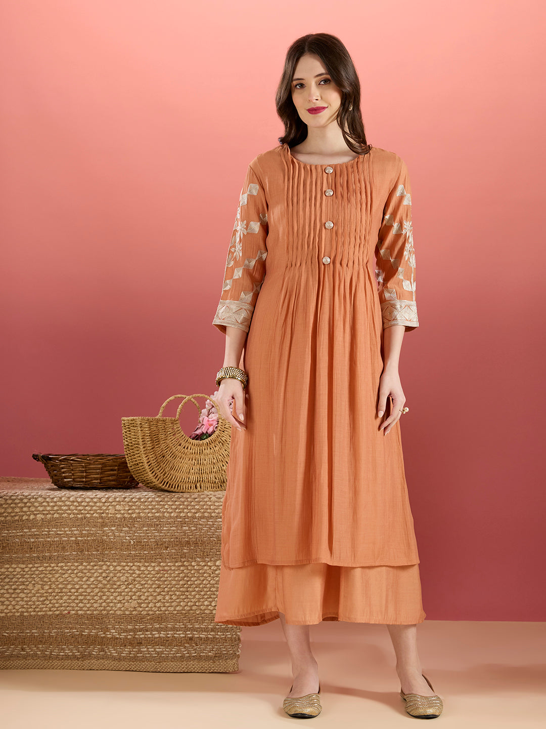 Solid A-Line Paneled Dress with Layered Embroidered Kurta - Peach